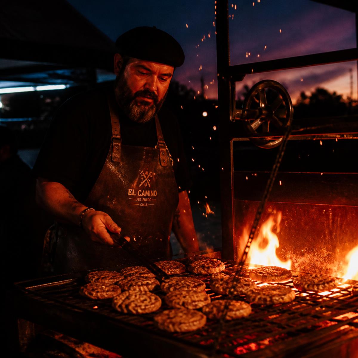 El fundador de Fuego Sureño trabajando en la parrilla al atardecer